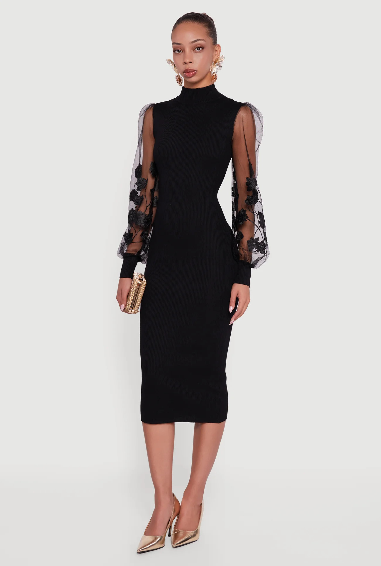 Embroidered Mesh Sleeve Midi Sweater Dress | Rainbow Shops