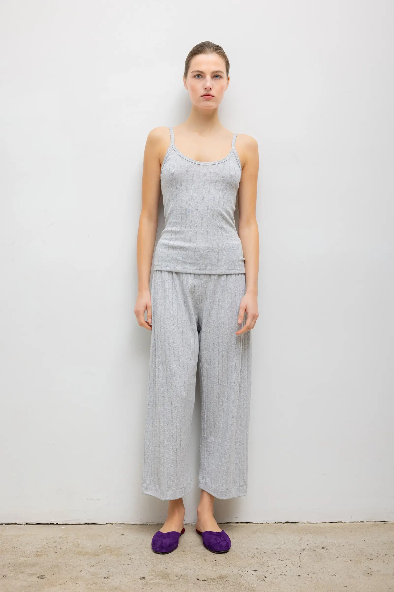 Pointelle Crop Wide Leg Pant - Light Grey Melange / XL | LESET