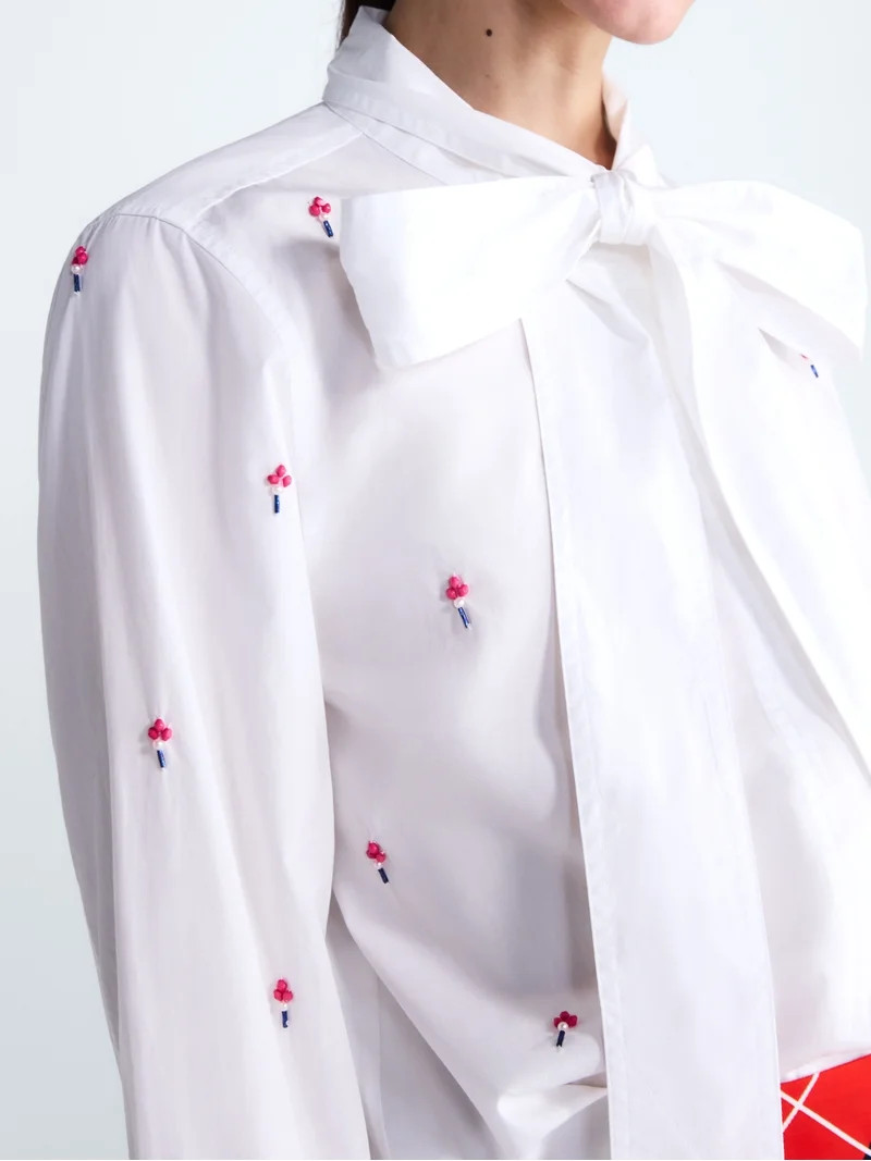 Free Assembly Women's Tie Neck Print Cotton Shirt with Long Puff Sleeves, Sizes XS-XXL | Walmart (US)