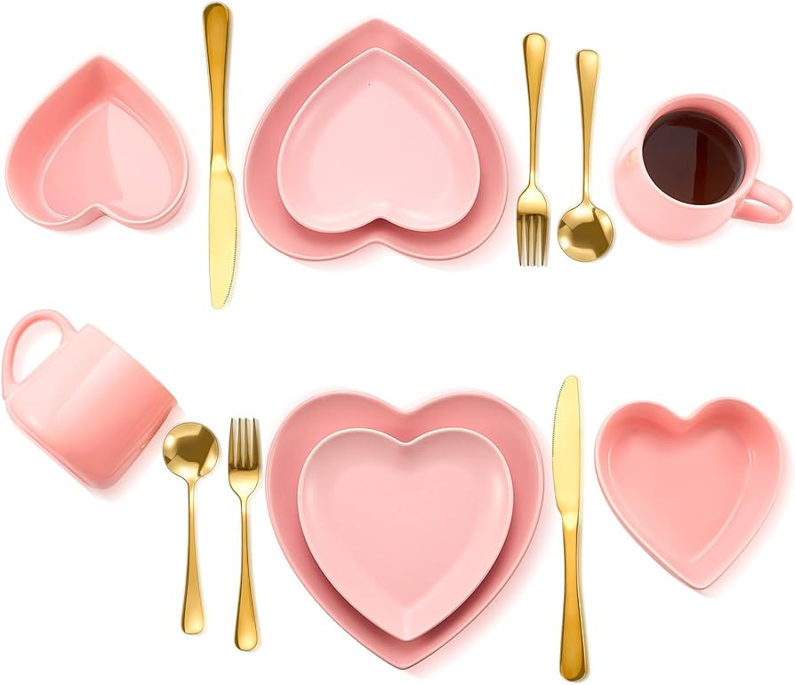 Suclain 14 Pcs Valentine's Day Heart Shaped Dish Set Include 4 Matte Heart Shaped Ceramic Dinner ... | Amazon (US)