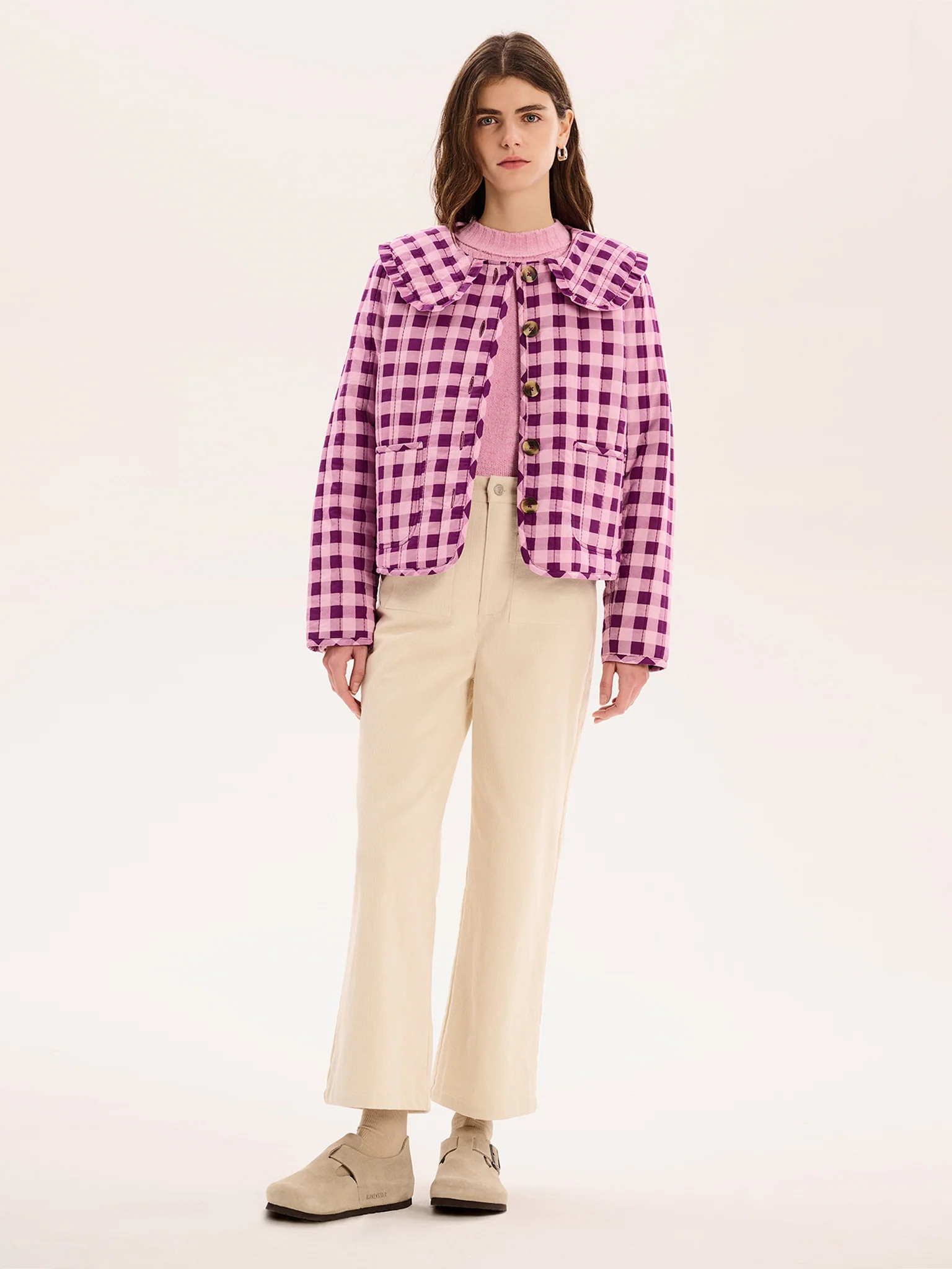Peggy Quilted Jacket in Pink Gingham | OMNES UK