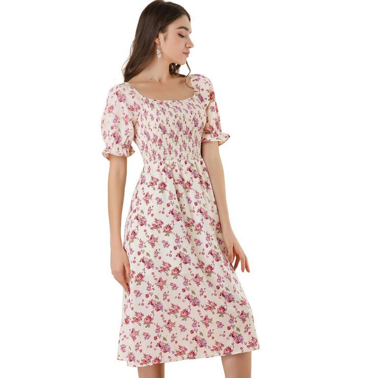 Allegra K Women's Square Neck Puff Sleeves Casual Midi Smocked Floral Dress | Target