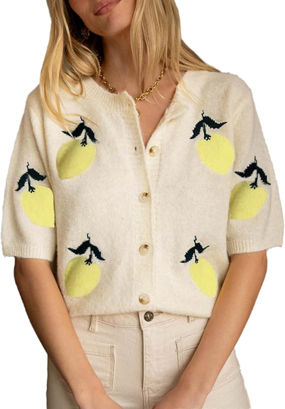 Women's Lemon Embroidery Sweater Cardigan Cute Summer Short Sleeve Button Down Knitwear Tops | Amazon (US)