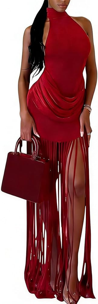 Women Halter Fringe Tassels Long Dresses Ruched Sleveless Elegant Sexy Formal Evening Party Club ... | Amazon (US)