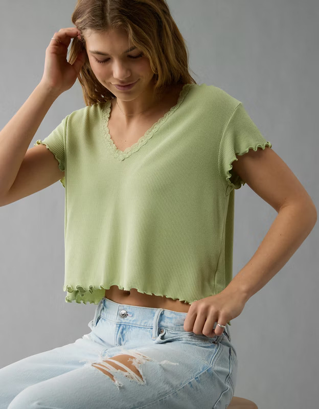 AE Soft & Sexy V-Neck Cropped Waffle T-Shirt | American Eagle Outfitters (US & CA)