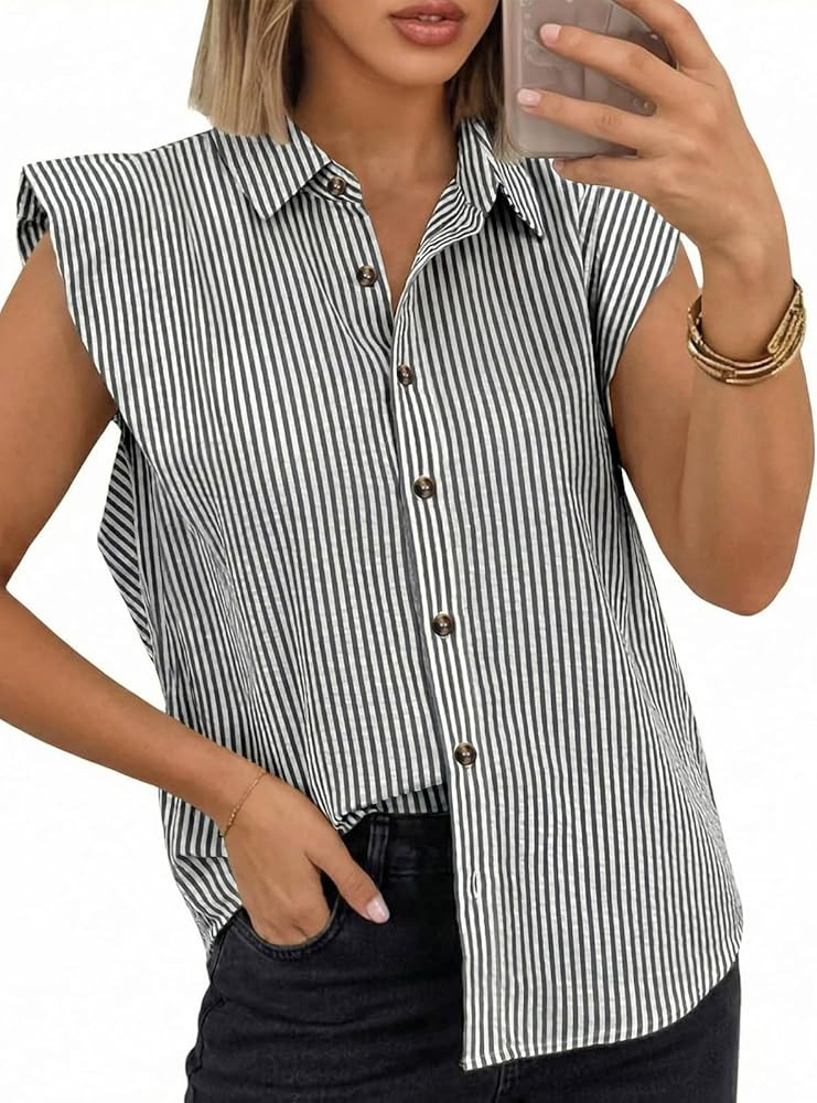 Tankaneo Womens Cap Sleeve Button Down Shirt Summer Striped Collared Tops Loose Casual Dressy Blo... | Amazon (US)
