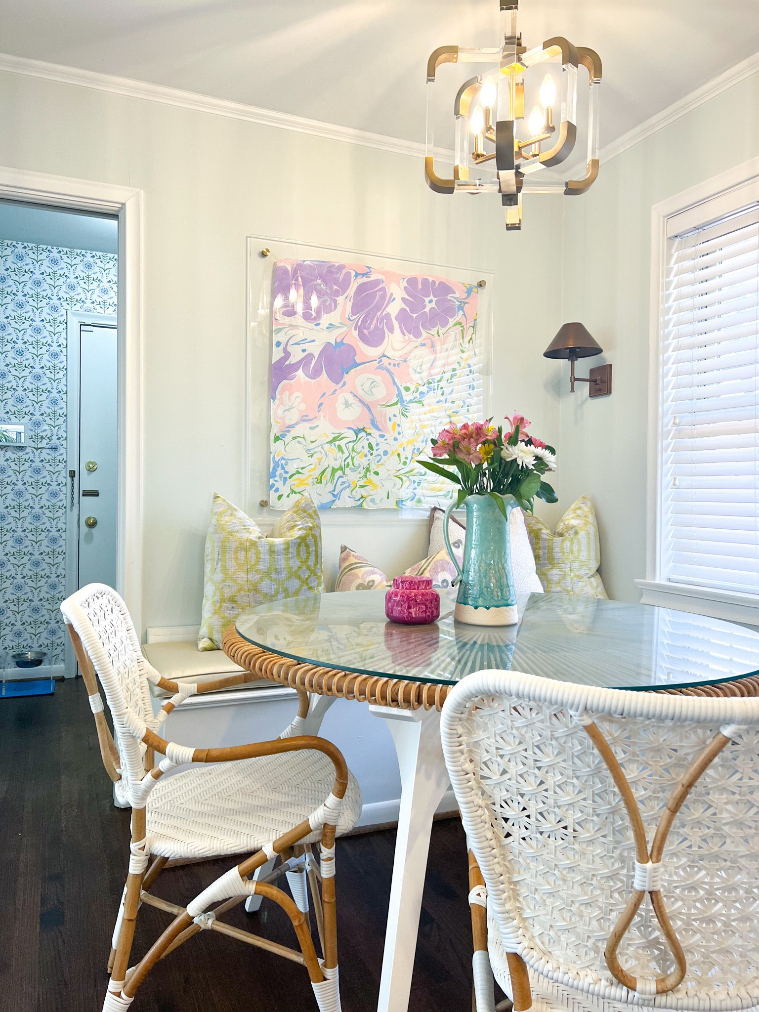 Kitchen Nook space! 

Framed scarf Barrett and I made on our date night at Dallas Silk Art. Seriously such a fun date night!

Our acrylic gallery frame is from Pottery Barn and it looks like it went on clearance and our size is out of stock now. Still linked it and I linked some similar options. This scarf is 35 x 35. 

Love our rattan kitchen table. I have both types of rattan chairs I use around the house! 

🤍🤍