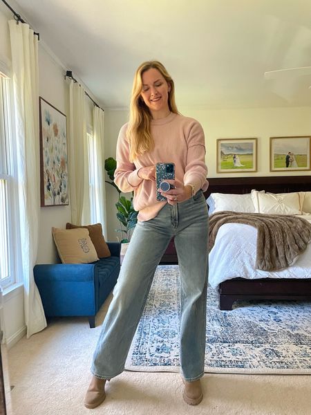 Casual comfy fall outfit for working from home that’s on sale for Black Friday — sweater is 55% off & jeans are 35% off!

Light pink ribbed sweater is so cozy. Comes in more colors. I sized down one and it’s still oversized 

High waisted wide leg jeans. Have a relaxed, comfy fit. Not too baggy. Got my normal size and like the looser fit but I could have sized down one.

Neutral boots fit true to size 

#LTKCyberWeek #LTKSeasonal #LTKfindsunder50