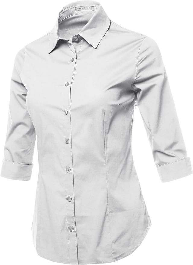 Made by Emma Women's Casual Work Basic Solid Stretch Popline 3/4 Sleeve Button Down Shirt Blouse | Amazon (US)
