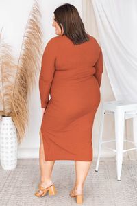 Lasting Remark Rust Long Sleeve Ribbed Midi Dress | The Pink Lily Boutique