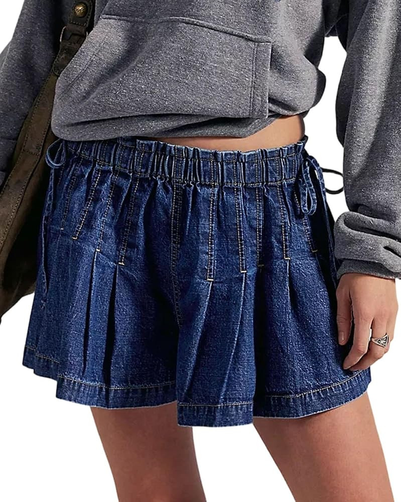 CHARTOU Women Summer Y2k Pleated Flare Jean Shorts Denim Lightweight Elastic Waist Bow Tie Croque... | Amazon (US)