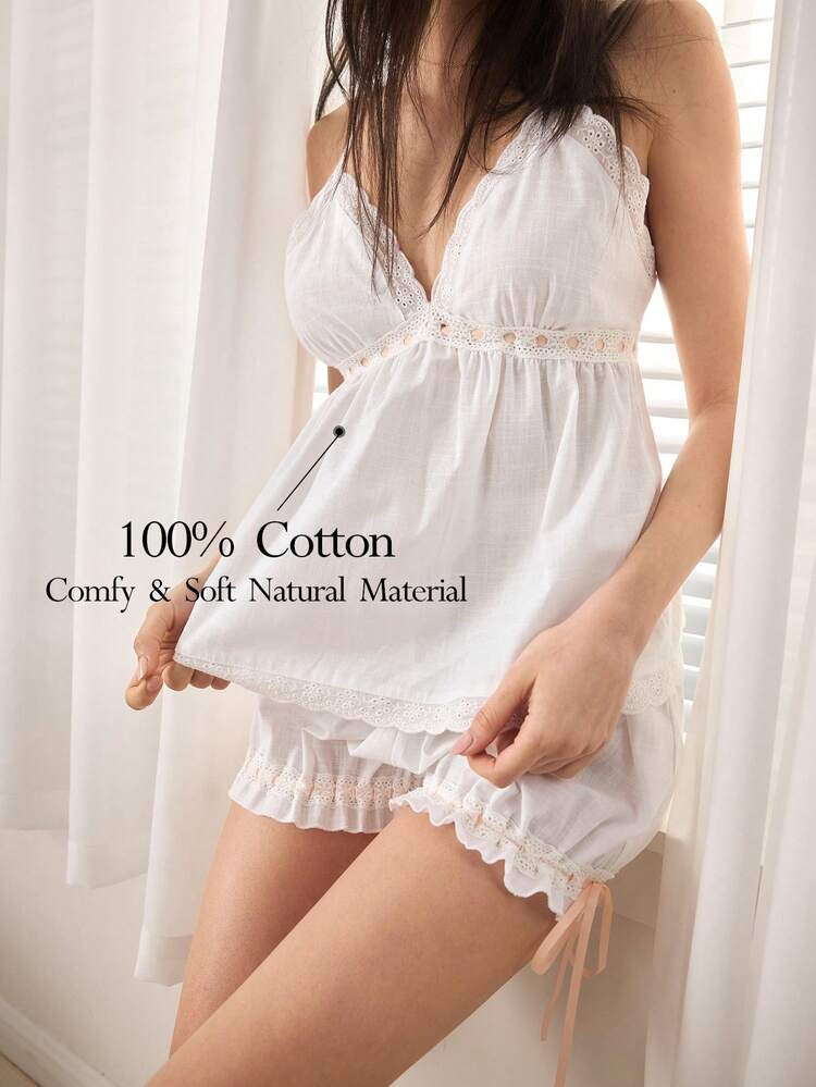 Ocili Women's Summer Minimalist Contrast Lace Camisole And Shorts Pajama Set | SHEIN