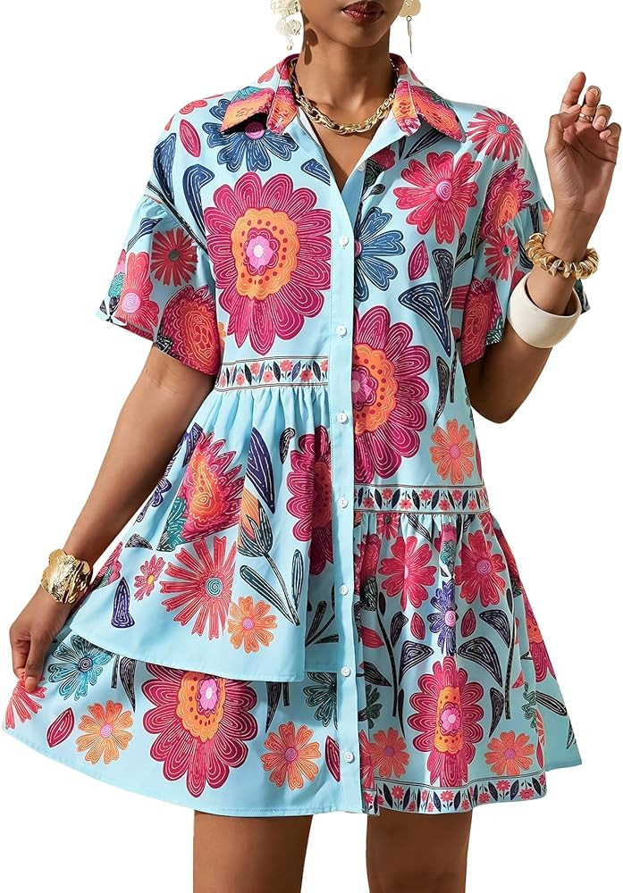 SOLY HUX Women's Floral Button Down Shirt Dress Collared Short Sleeve Ruffle Babydoll Summer Boho Vacation Short Dresses | Amazon (US)