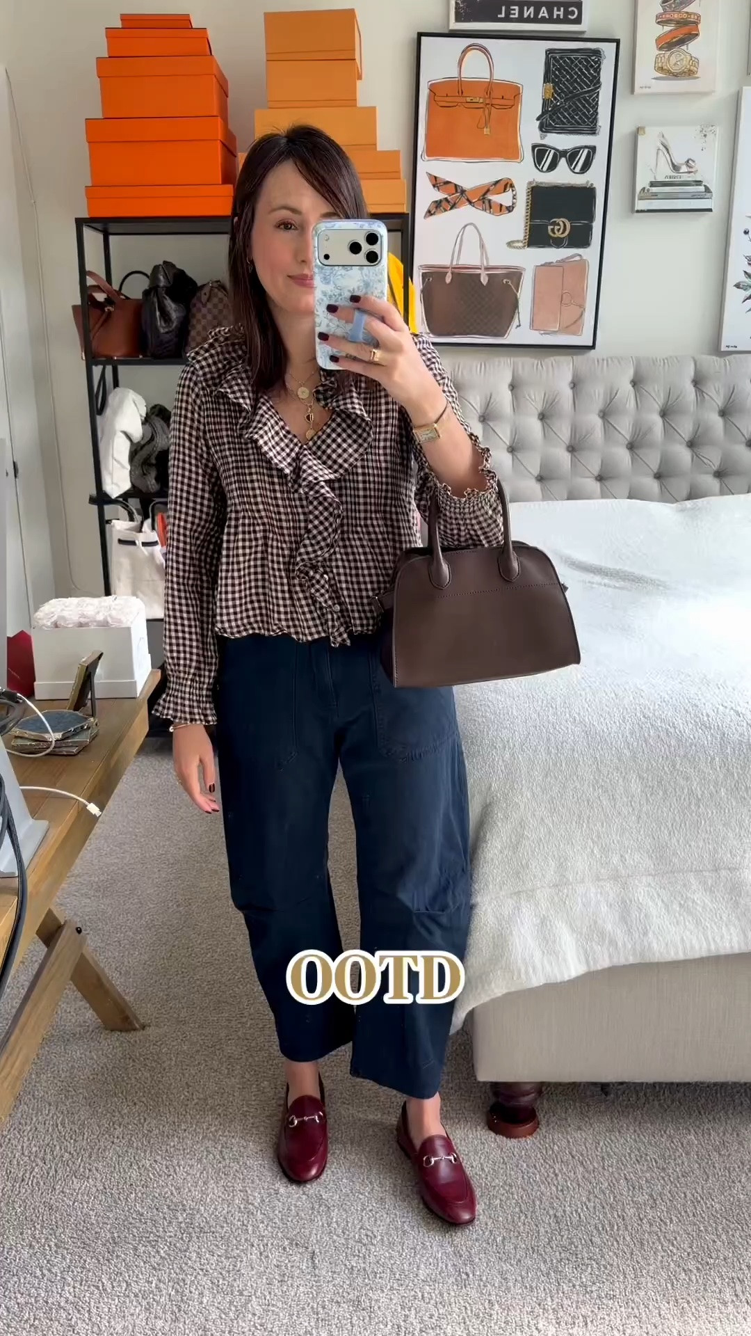 Fall outfit with doen top and barrel leg jeans