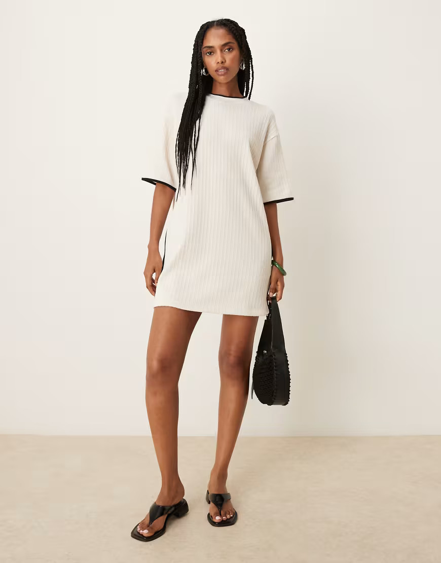 ASOS DESIGN rib knit t-shirt mini dress in cream-White | ASOS (Global)