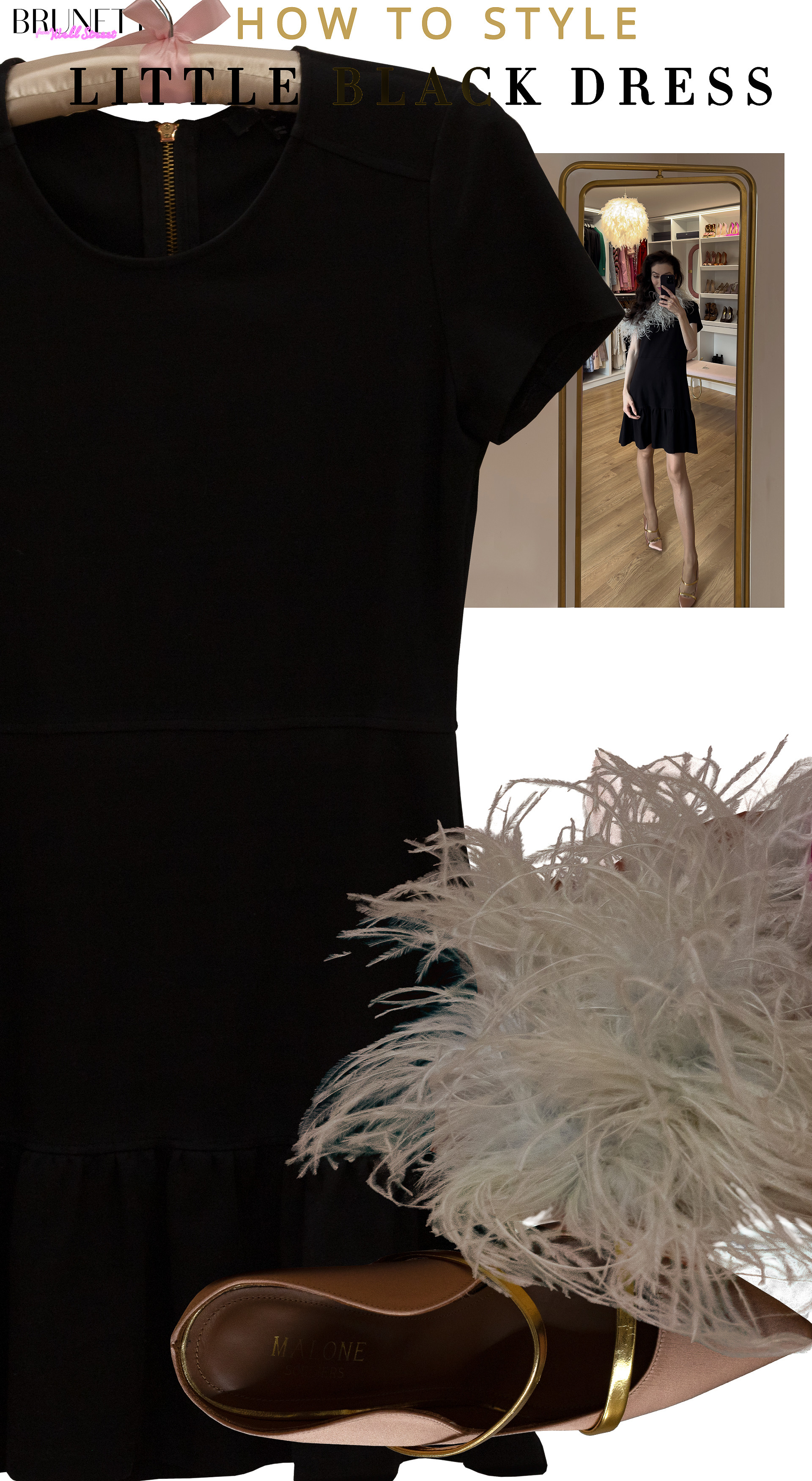 little black dress styling, feather boa accessory, nude mule heels outfit, cocktail dress ideas, statement feather trim, high heel mules styling, elegant party outfit, how to style LBD, glamorous evening look, feather accessories fashion 

 #LTKGiftGuide #LTKHoliday #LTKootd