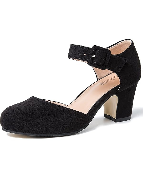 Enelauge Women's Closed Round Toe Pumps Ankle Strap Buckle Low Block Chunky Heels Dress D'Orsay S... | Amazon (US)