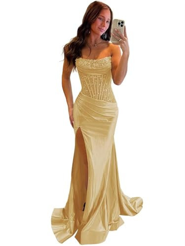 YCXRQI Glitter Sequin Satin Gold Prom Dresses for Women Long Sparkly Mermaid Strapless Corset Formal Evening Party Gown with Slit Size 4 | Amazon (US)