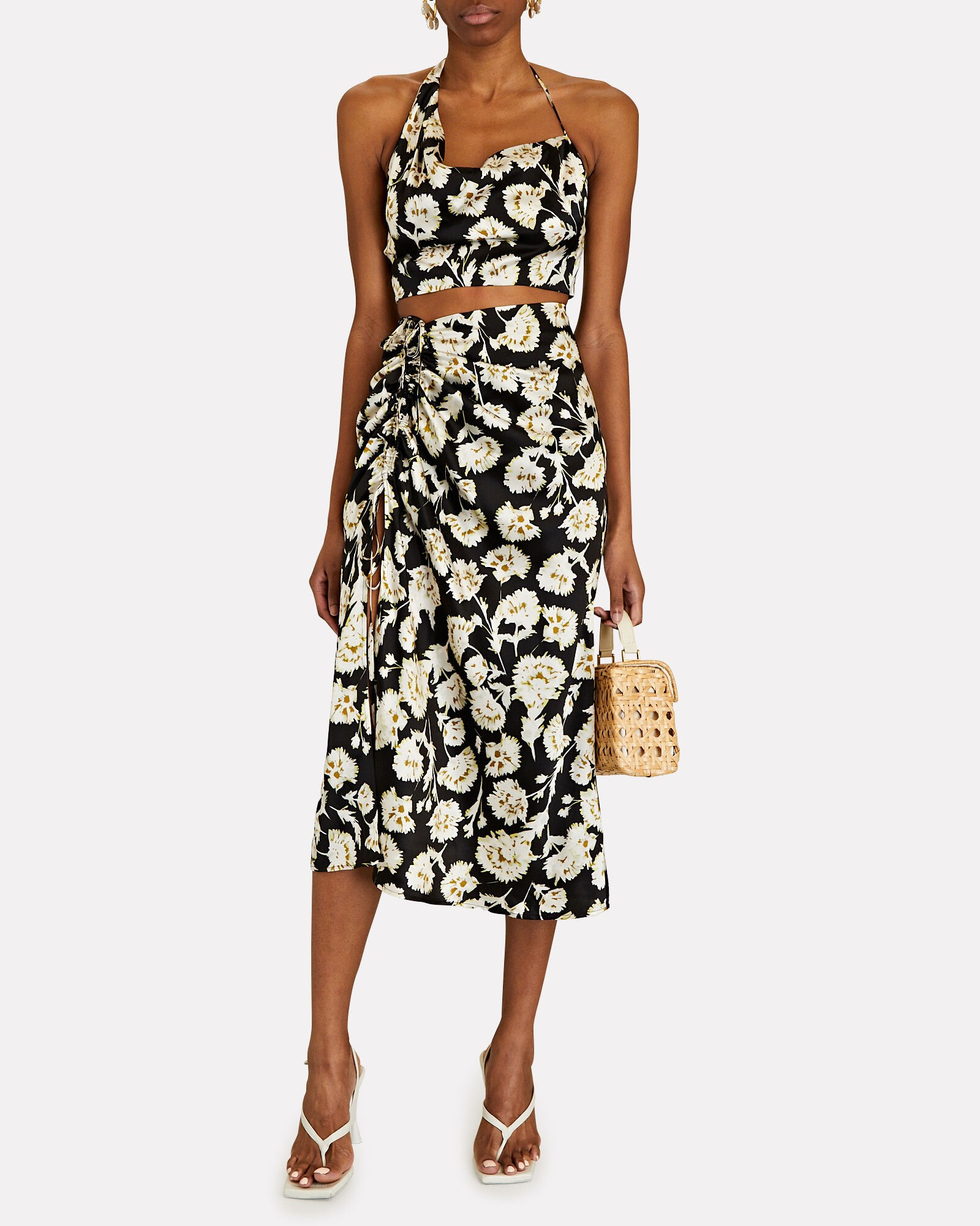 Lia Ruched Floral Silk Midi Skirt | INTERMIX