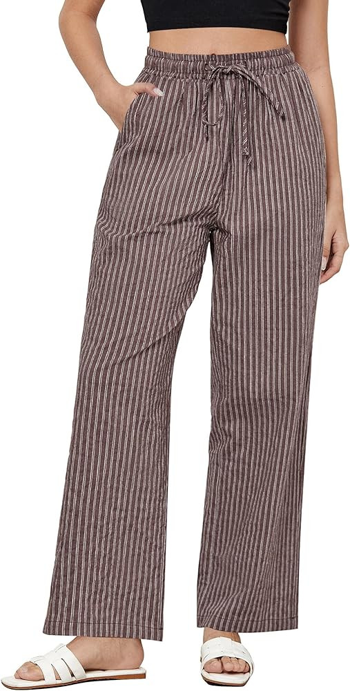 GRAPENT Striped Pants for Women High Waisted Wide Leg Cotton Linen Trendy Beach Pull On Elastic W... | Amazon (US)