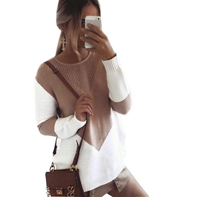 Women Long Sleeve Crew Neck Pullovers Stitching Color Loose Knitted Sweaters | Walmart (US)