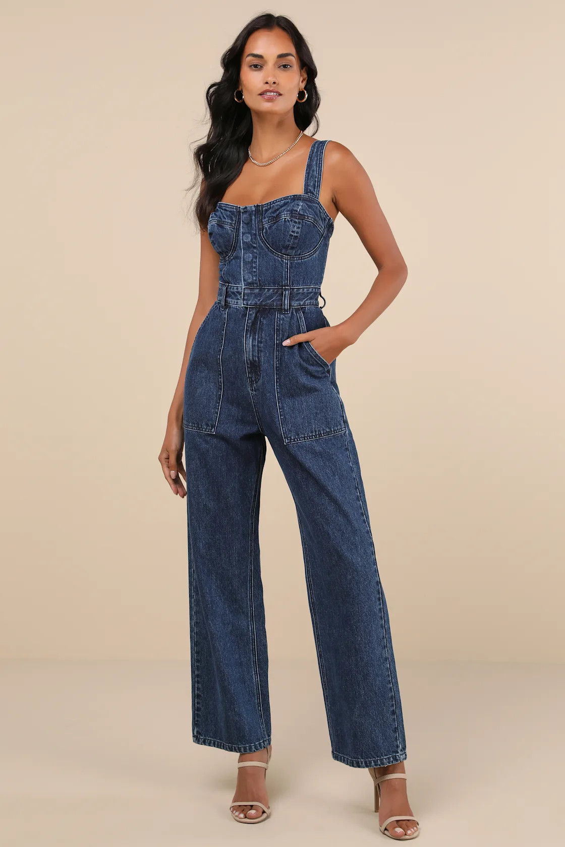 Fresh Perfection Dark Wash Bustier Sleeveless Denim Jumpsuit | Lulus
