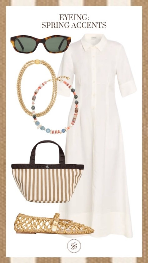 Spring dress
White dress
Tote
Layered necklaces 
Gold flats
Mary Janes