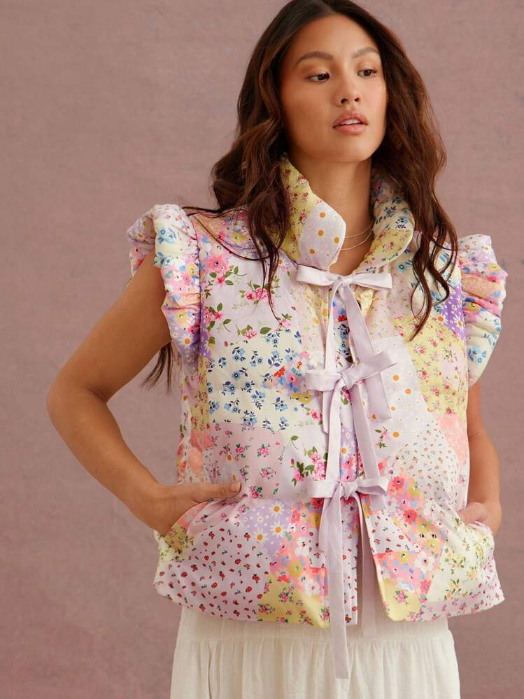 WESTFADE Winter Holiday Flower Print Cute Bow Front Puffer Vest Top 90s | SHEIN