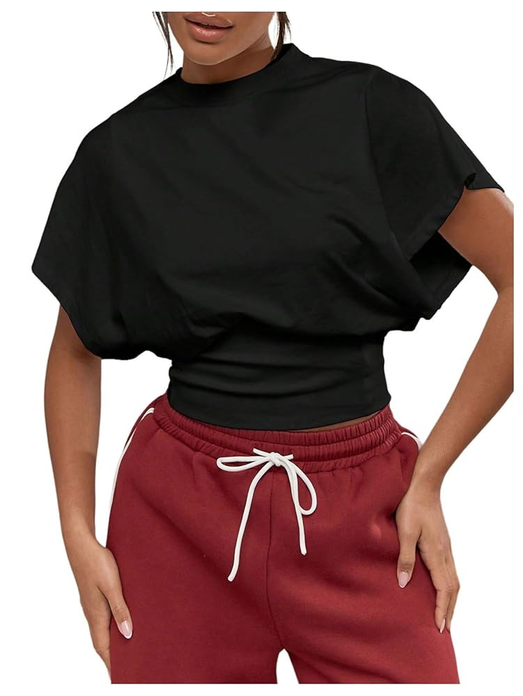 GORGLITTER Women's Dolman Short Sleeve Crop Tops Ruched Crew Neck Casual Going Out Tops | Amazon (US)