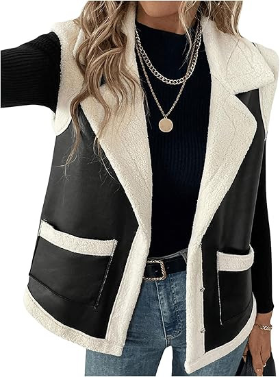 MakeMeChic Women's PU Leather Fuzzy Vest Open Front Sleeveless Pocket Warm Jacket | Amazon (US)