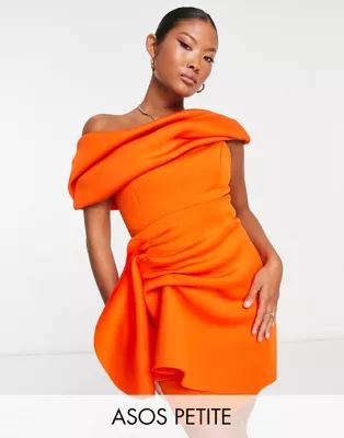 ASOS DESIGN Petite fallen shoulder manipulated tuck mini dress in orange | ASOS (Global)