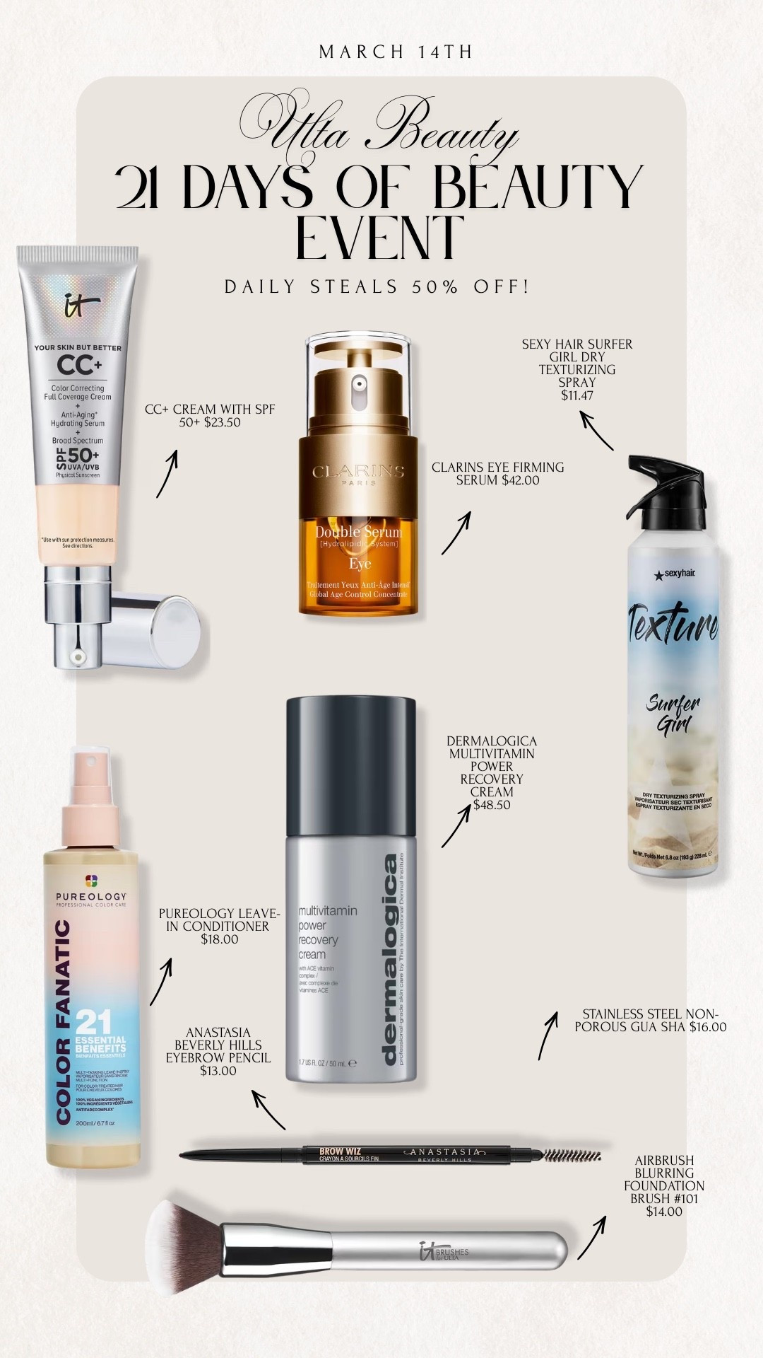 Ulta Beauty 21 days of Beauty Event is happening right now under 3/26! Get 50% off of daily steals! 

Ulta Beauty, Sale Alert, 21 DOB, 21 Days of Beauty, 21 Days of Beauty Event, Beauty, Makeup, Skincare, Haircare, Sale, Emily Ann Gemma

#LTKBeauty #LTKSpringSale #LTKSaleAlert