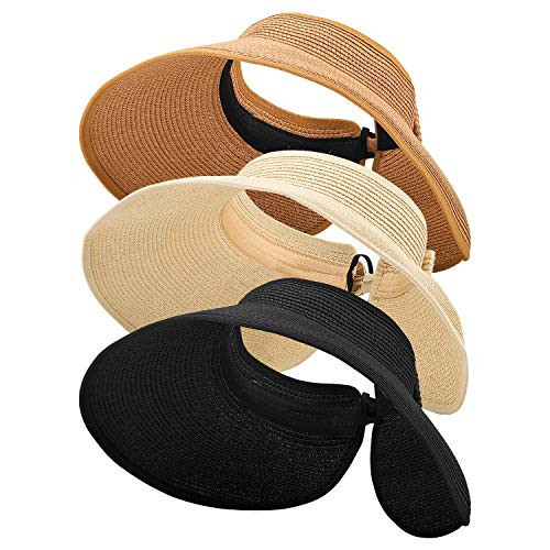 MEINICY 3PCS Foldable Straw Sun Visor Hats for Women, Wide Brim Ponytail Summer Beach Hat, Protect Your Skin Easily, Nature & Black & Beige | Amazon (US)
