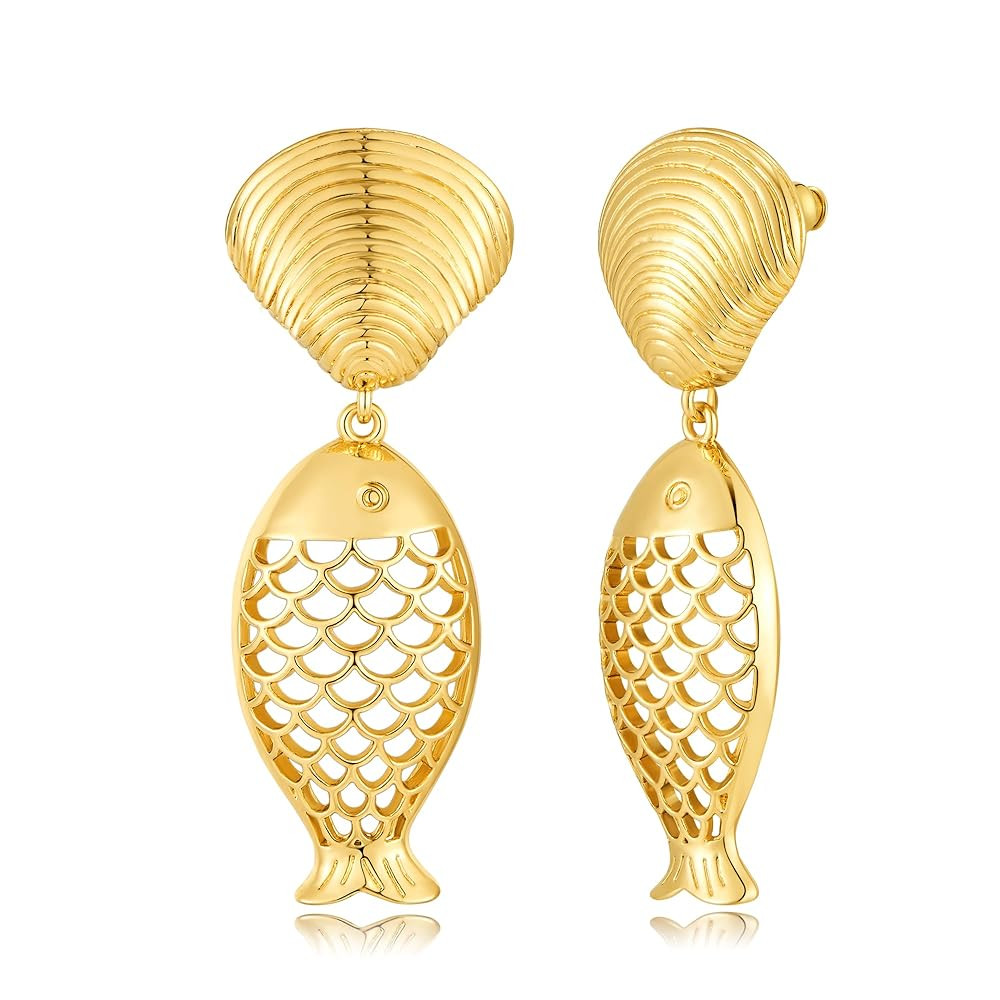 Boho Fish Shell Starfish Dangle Earrings For Women Statement Long Seashell Pearl Drop Earrings Su... | Amazon (US)