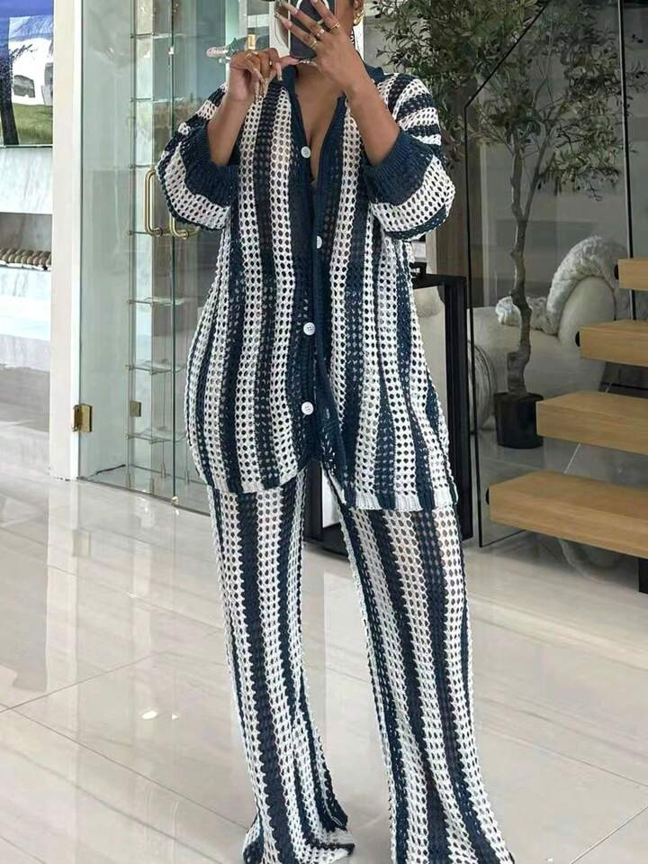 Women's Summer 2 Piece Swimsuit Cover Up Crochet Knit Cardigan Tops Long Pants Set Vacation Beach Women Outfits | SHEIN