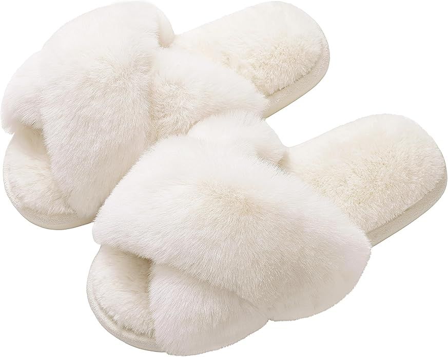 Evshine Women's Fuzzy Slippers Cross Band Memory Foam House Slippers Open Toe | Amazon (US)