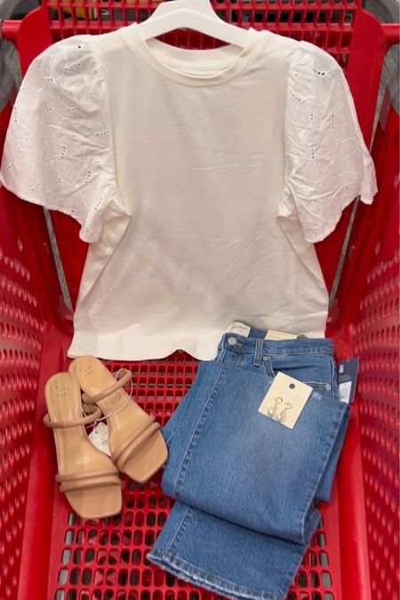 Target casual dressy date night outfit idea with this eyelet sleeve top and straight leg jeans, both on major sale! The top is just $10.50 (tts small, four colors) and the jeans are only $22.40 (tts 6, Abercrombie/Madewell vibes for less!) Shoes on sale too! ❤️🎯👏

#LTKxTarget #LTKfindsunder50 #LTKsalealert