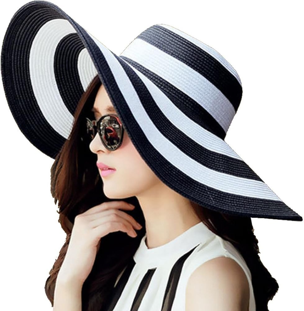Women Girls Black White Striped Straw Hat Foldable Floppy Wide Brim Beach Hat Sun UV Protection V... | Amazon (US)