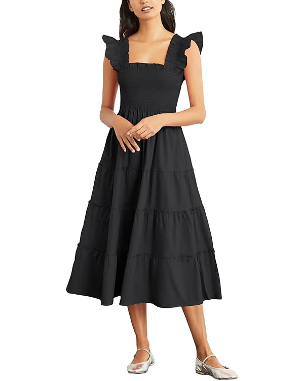 Rooscier Women's Square Neck Smocked Ruffle Sleeveless Tiered A Line Sundress Midi Dress | Amazon (US)