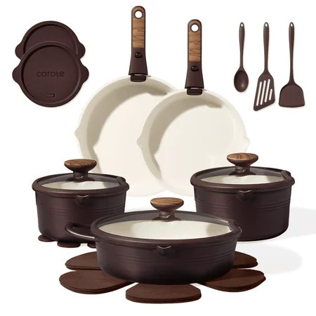 Carote 22 Pcs Ceramic Cookware Set, Pots and Pans with Detachable Handles, Oven Safe, Induction Cookware, Stackable Kitchen Cooking Set, Brown | Walmart (US)