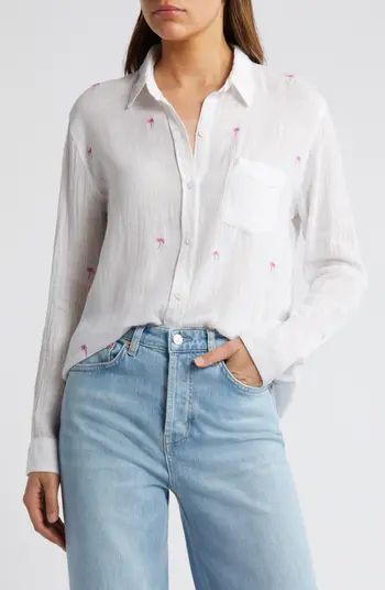 Charli Palm Tree Embroidered Linen Blend Button-Up Shirt | Nordstrom