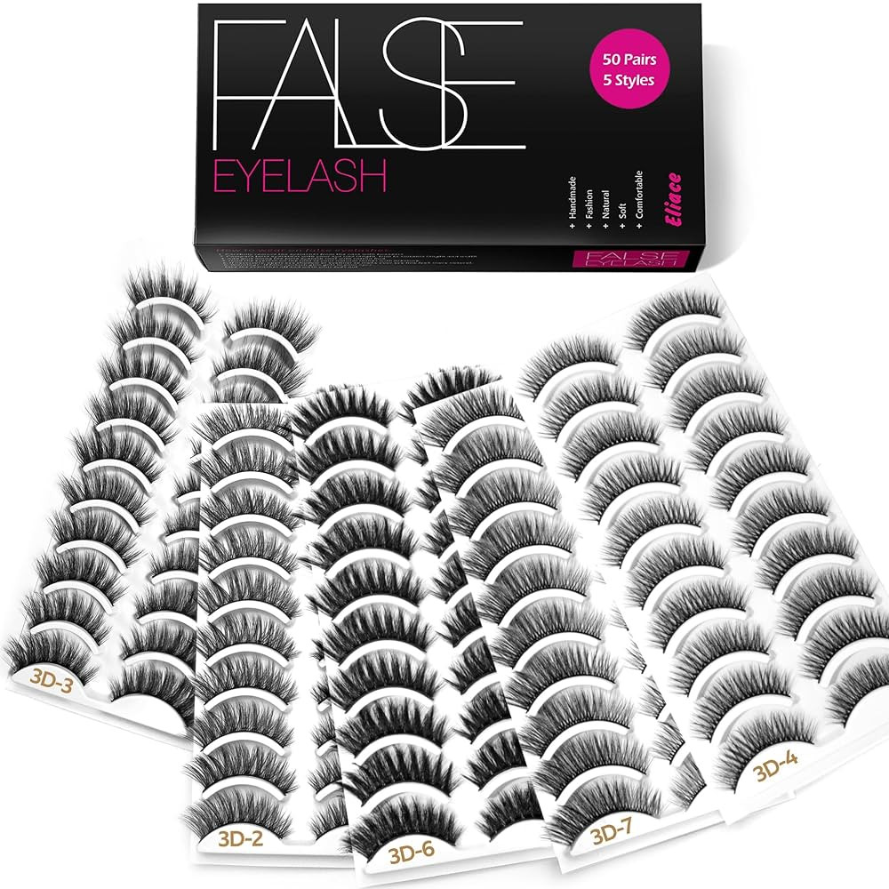 Eliace Eyelashes, (50 Pairs,5 Styles) Luxurious Faux Mink Lashes Natural Look Wispy Fluffy Handma... | Amazon (US)