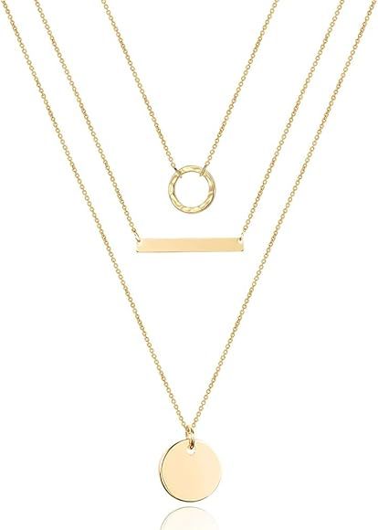 Dainty Layered Choker Necklace, Handmade 14K Gold Plated Y Pendant Necklace Multilayer Bar Disc N... | Amazon (US)