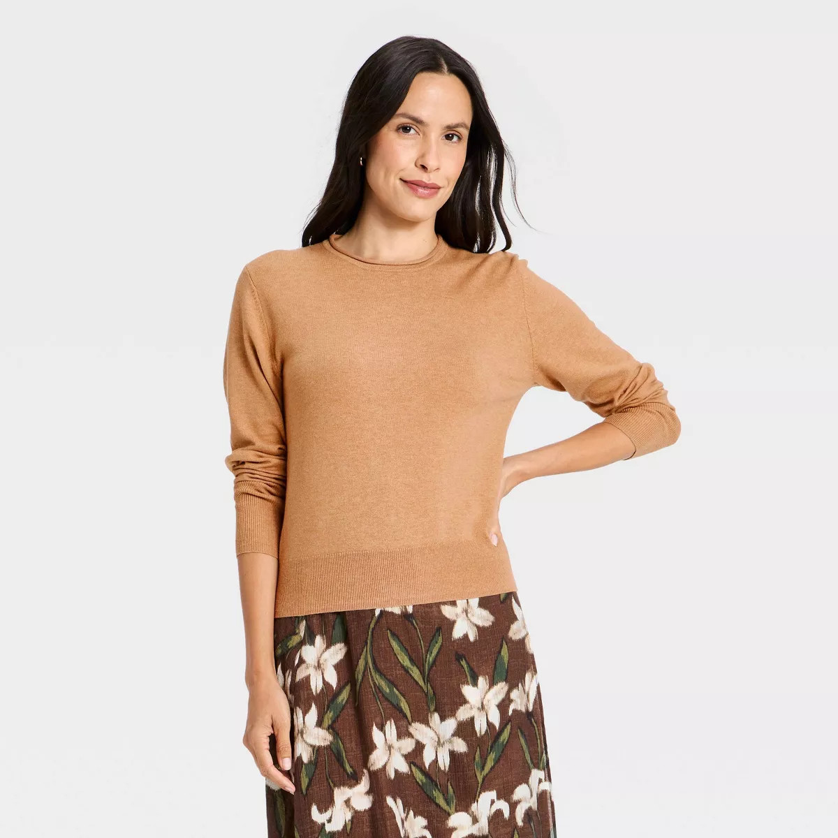 Women's Mini Roll Crewneck Pullover Sweater - A New Day\u2122 Camel XS | Target