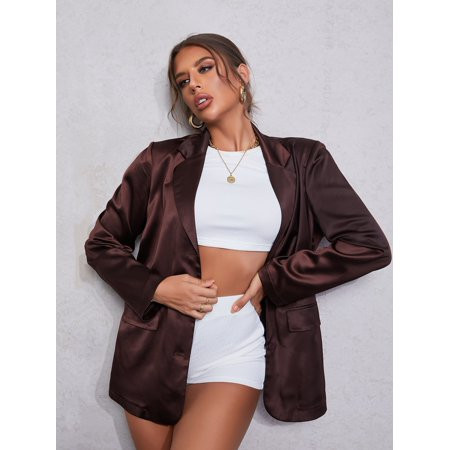 Lapel Collar Single Breasted Satin Blazer Chocolate Brown Elegant Chocolate Brown Elegant A037W | Walmart (US)