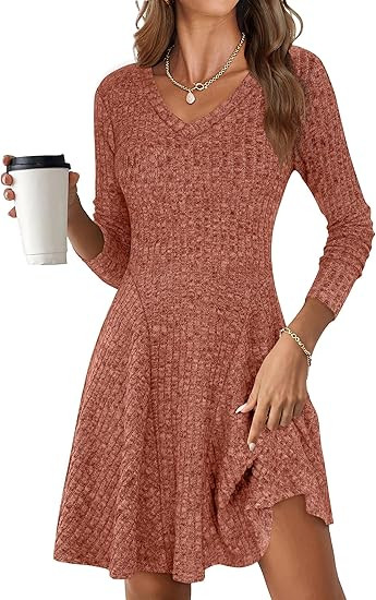 ANRABESS Women Long Sleeve Ribbed Knit Short Dresses 2025 Fall Winter V Neck Casual Swing A Line ... | Amazon (US)