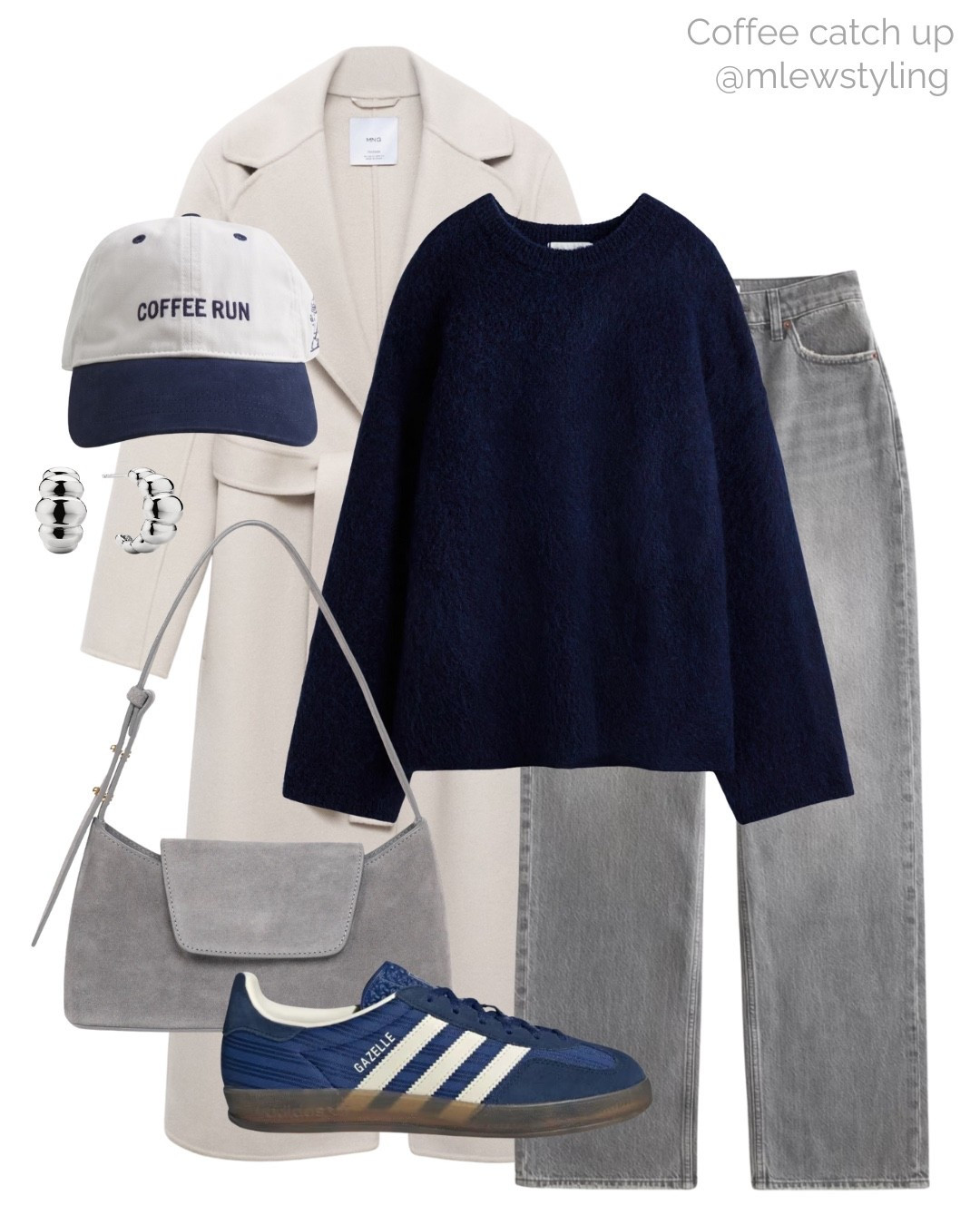 Coffee run 💙☕️

Tags: Abercrombie baseball cap, mango wool coat, grey wide leg jeans, navy blue adidas gazelle sneakers, navy mohair sweater, grey suede bag by Elleme, fall fashion, weekend outfit, autumn look, coffee catch up 

#LTKShoeCrush #LTKFallSale #LTKItBag