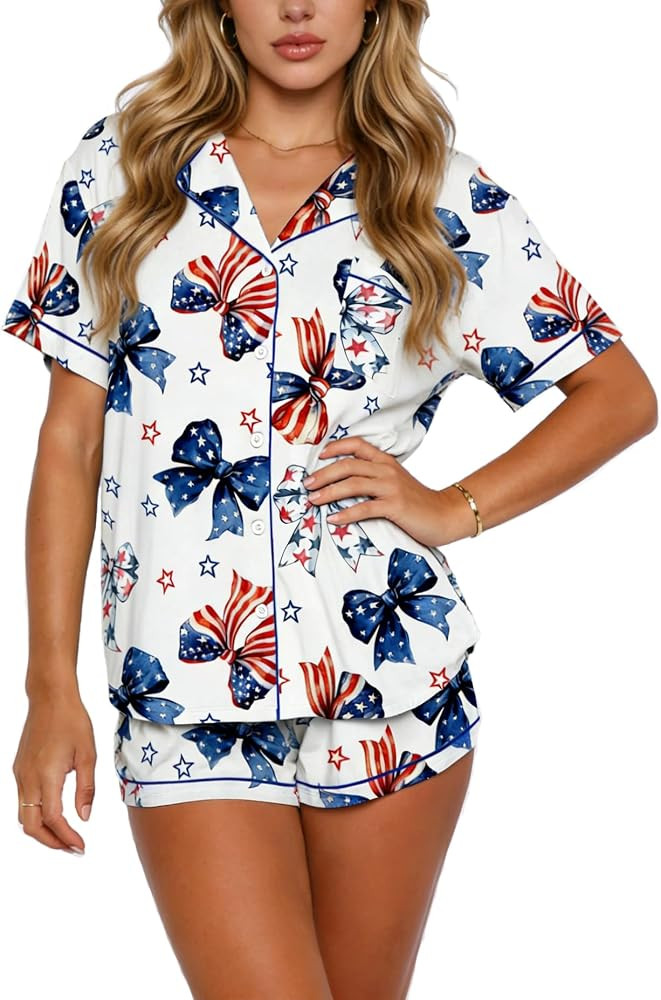 Women's 4th Of July Pajamas Set USA Flag Print Short Sleeve Shirt and Shorts Independence Outfits... | Amazon (US)