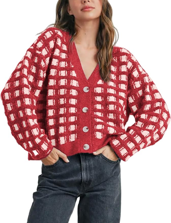 Ailoqing Womens Checkered Cardigans Sweaters V Neck Button Down Long Sleeve Cable Knit Outerwear ... | Amazon (US)