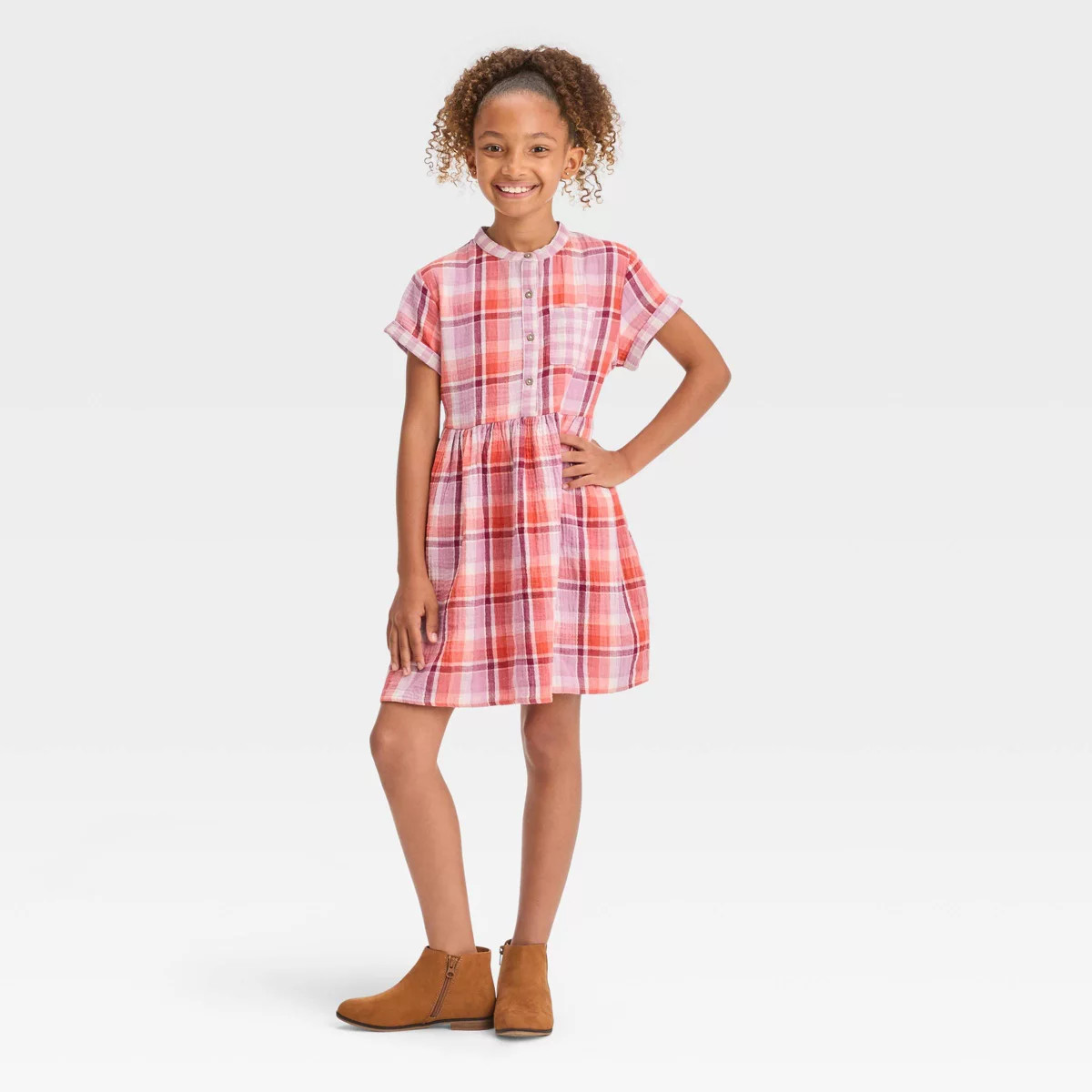 Girls' Short Sleeve Woven Dress - Cat & Jack™ Orange Plaid | Target